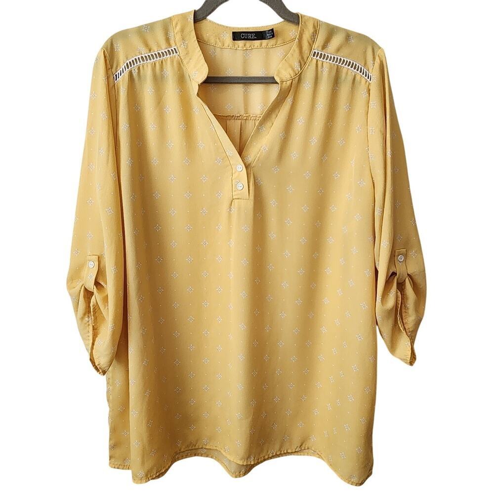 Cure Women's Yellow Blouse Lace Accent Trendy Loose Fit Polka Dot Flowy XL